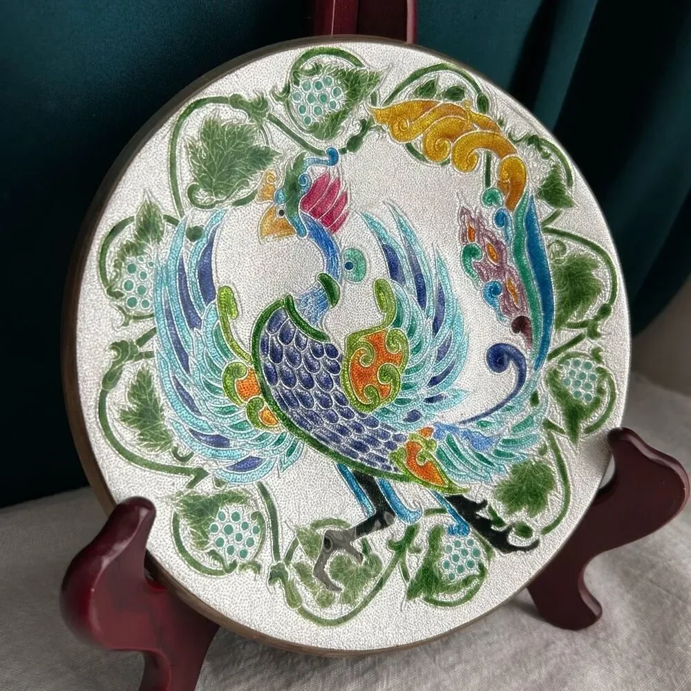 Japanese Cloisonne Phoenix Peacock Rooster Bird Plate